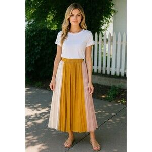 Pleated Colorblock Midi Skirt Modest Boho Flowy Elastic Waist M | Mimi + Daphne
